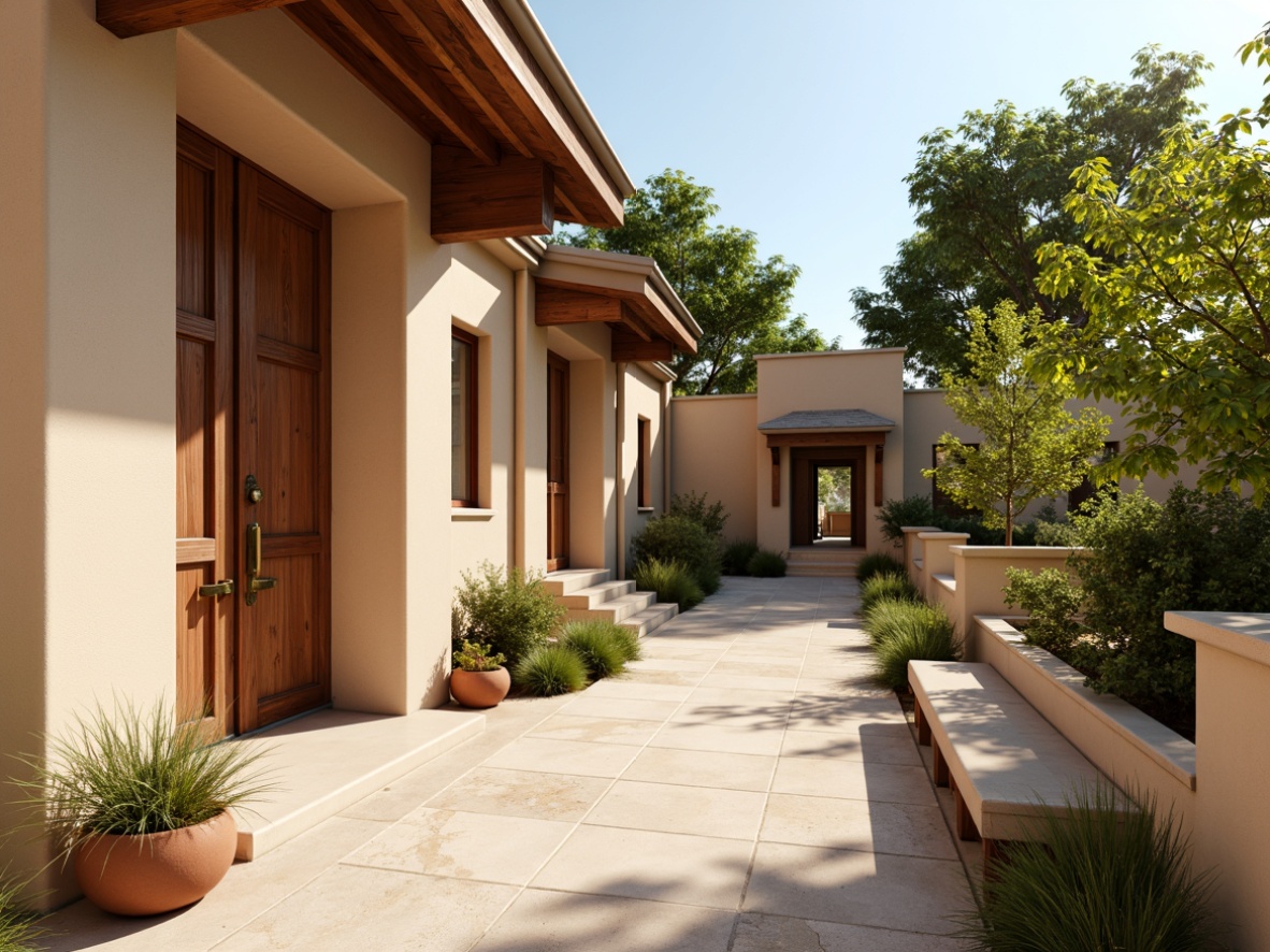 Prompt: Warm beige stucco walls, natural stone flooring, rustic wooden accents, soft gray roofing tiles, elegant bronze door handles, subtle copper trim details, earthy terracotta planters, lush greenery surroundings, warm sunny day, soft warm lighting, shallow depth of field, 3/4 composition, panoramic view, realistic textures, ambient occlusion.