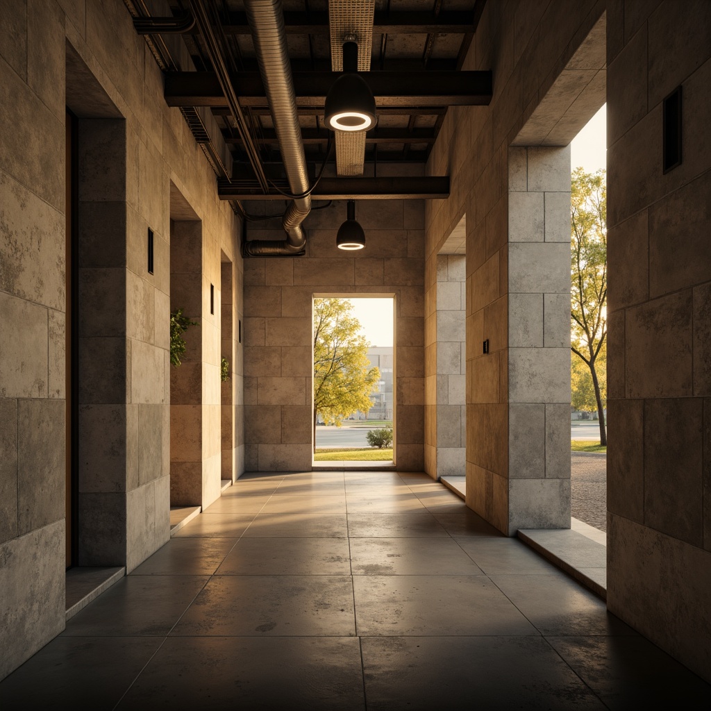 Prompt: Raw concrete walls, exposed ductwork, industrial-style lighting fixtures, metal beams, brutalist architectural design, high ceilings, minimalist decor, dramatic shadows, warm golden lighting, softbox lights, sidelighting, backlighting, ambient occlusion, realistic textures, cinematic mood, low-key lighting, 3/4 composition, symmetrical framing, atmospheric perspective.