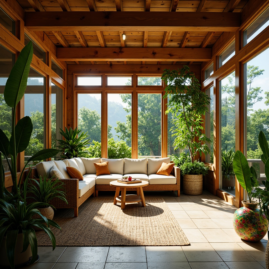 Prompt: Vibrant sunroom interior, lush greenery, exotic plants, natural stone flooring, wooden accents, floor-to-ceiling windows, sliding glass doors, warm sunlight, cozy reading nook, comfortable seating, rattan furniture, tropical-inspired textiles, colorful ceramic vases, ambient lighting, soft shadows, 1/1 composition, realistic plant textures, subtle depth of field.