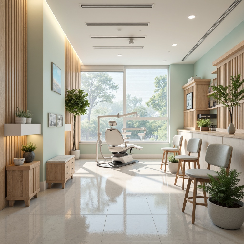 Prompt: Calming dental clinic, soft pastel colors, gentle whites, creamy beiges, soothing blues, muted greens, warm wooden accents, subtle texture patterns, modern minimalist design, ample natural light, sleek metal equipment, comfortable seating areas, peaceful atmosphere, shallow depth of field, 1/1 composition, realistic renderings.