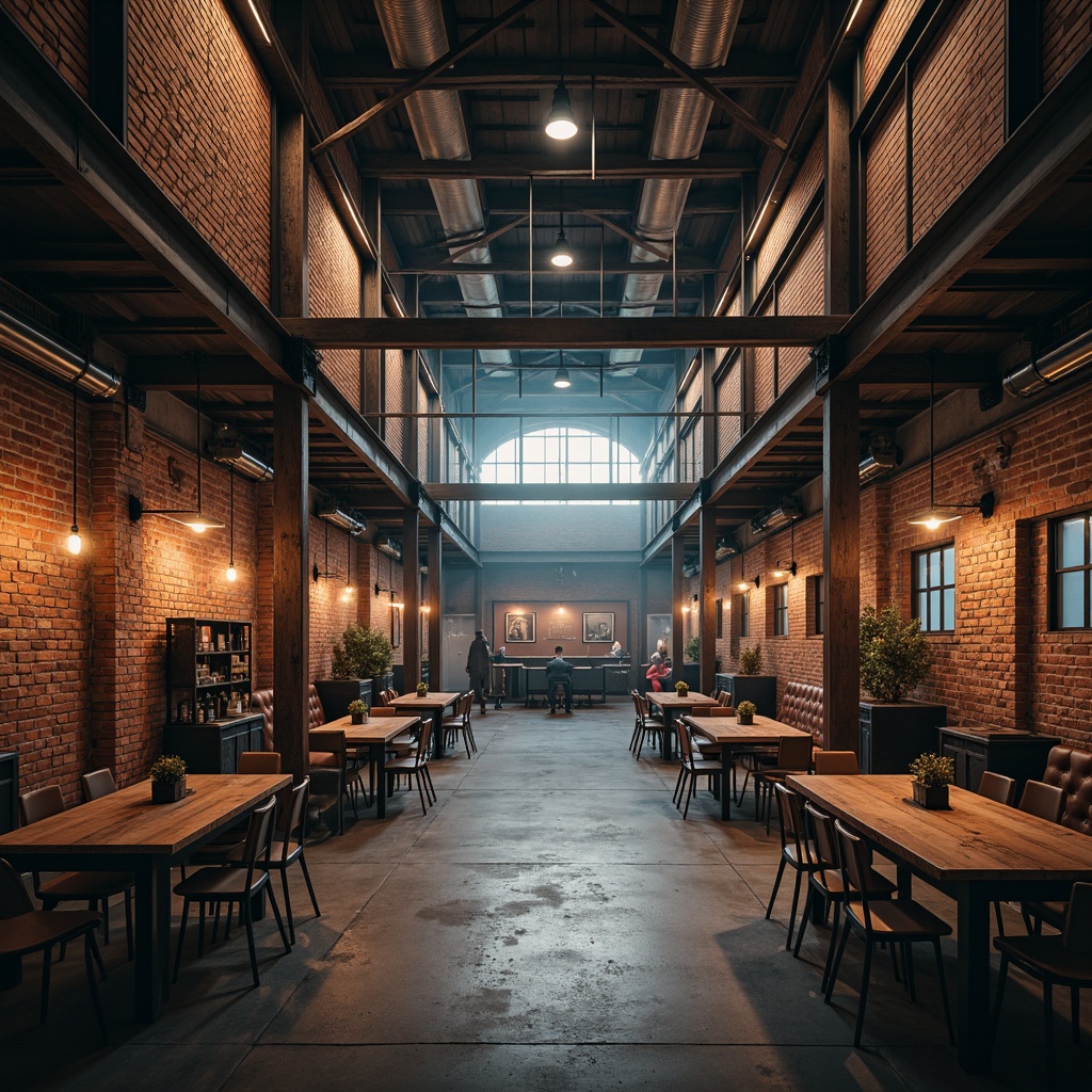 Prompt: Industrial warehouse interior, exposed brick walls, metal beams, concrete floors, urban loft atmosphere, reclaimed wood accents, distressed finishes, moody lighting, neutral color tones, industrial chic aesthetic, earthy brown hues, deep blues, rusty oranges, metallic silvers, worn leather textures, vintage machinery, Edison bulbs, atmospheric fog, shallow depth of field, 2/3 composition, cinematic lighting, realistic reflections.