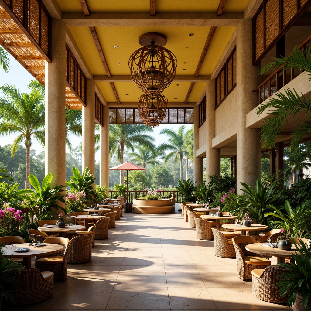 Prompt: Vibrant tropical dining hall, lush greenery, exotic flowers, natural wood accents, woven rattan furniture, colorful tiki torches, warm sandy beige walls, ocean-inspired blues, coral reef pinks, sunny yellow ceilings, soft warm lighting, shallow depth of field, 3/4 composition, panoramic view, realistic textures, ambient occlusion.