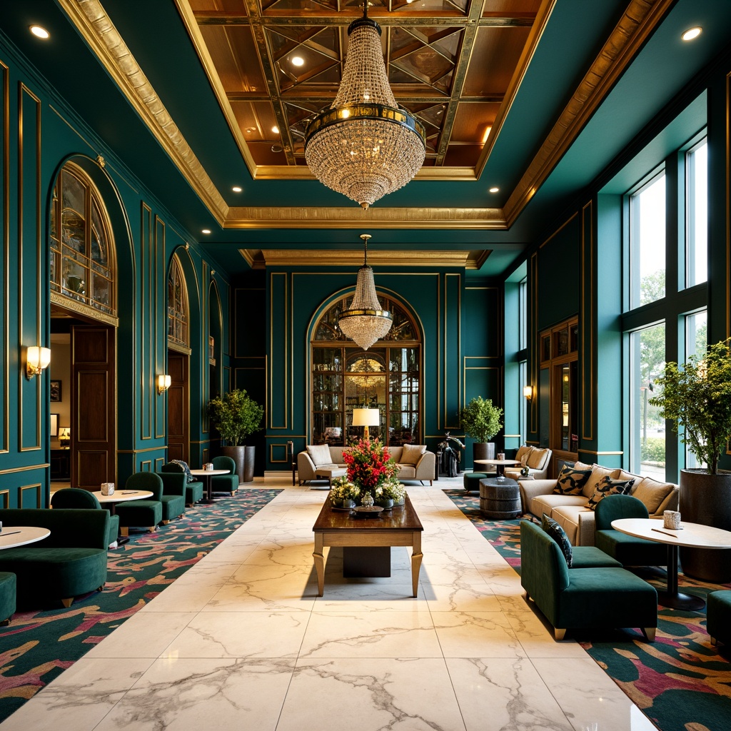 Prompt: Luxurious great room, opulent Art Deco style, rich jewel-toned color palette, emerald green walls, navy blue accents, golden metallic trim, creamy white marble floors, intricate geometric patterns, ornate mirrors, crystal chandeliers, velvet upholstery, luxurious fabrics, bold black outlines, lavish decorations, sophisticated ambiance, warm soft lighting, dramatic shadows, 1/2 composition, cinematic view, high-contrast rendering.