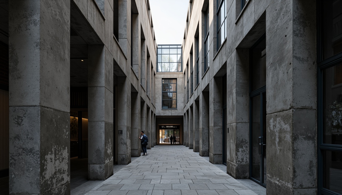 Prompt: Raw concrete walls, brutalist architecture, fortress-like fa\u00e7ade, narrow vertical windows, steel frames, industrial metal doors, minimalist ornamentation, functional simplicity, dramatic natural light, deep shadows, monochromatic color scheme, cold atmospheric tone, low-angle shot, cinematic composition, gritty textures, ambient occlusion.