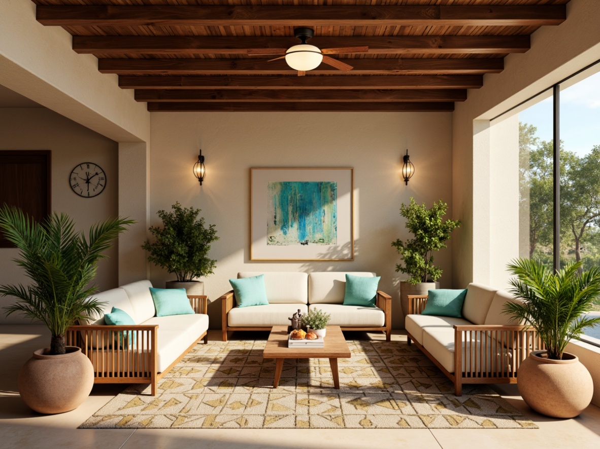 Prompt: Warm beige walls, rich walnut wood accents, vibrant turquoise decorative pieces, natural linen upholstery, geometric patterned rugs, retro-inspired lighting fixtures, organic shaped furniture, earthy terracotta planters, lush greenery, abundant natural light, soft warm glow, 1/1 composition, shallow depth of field, realistic textures, ambient occlusion.