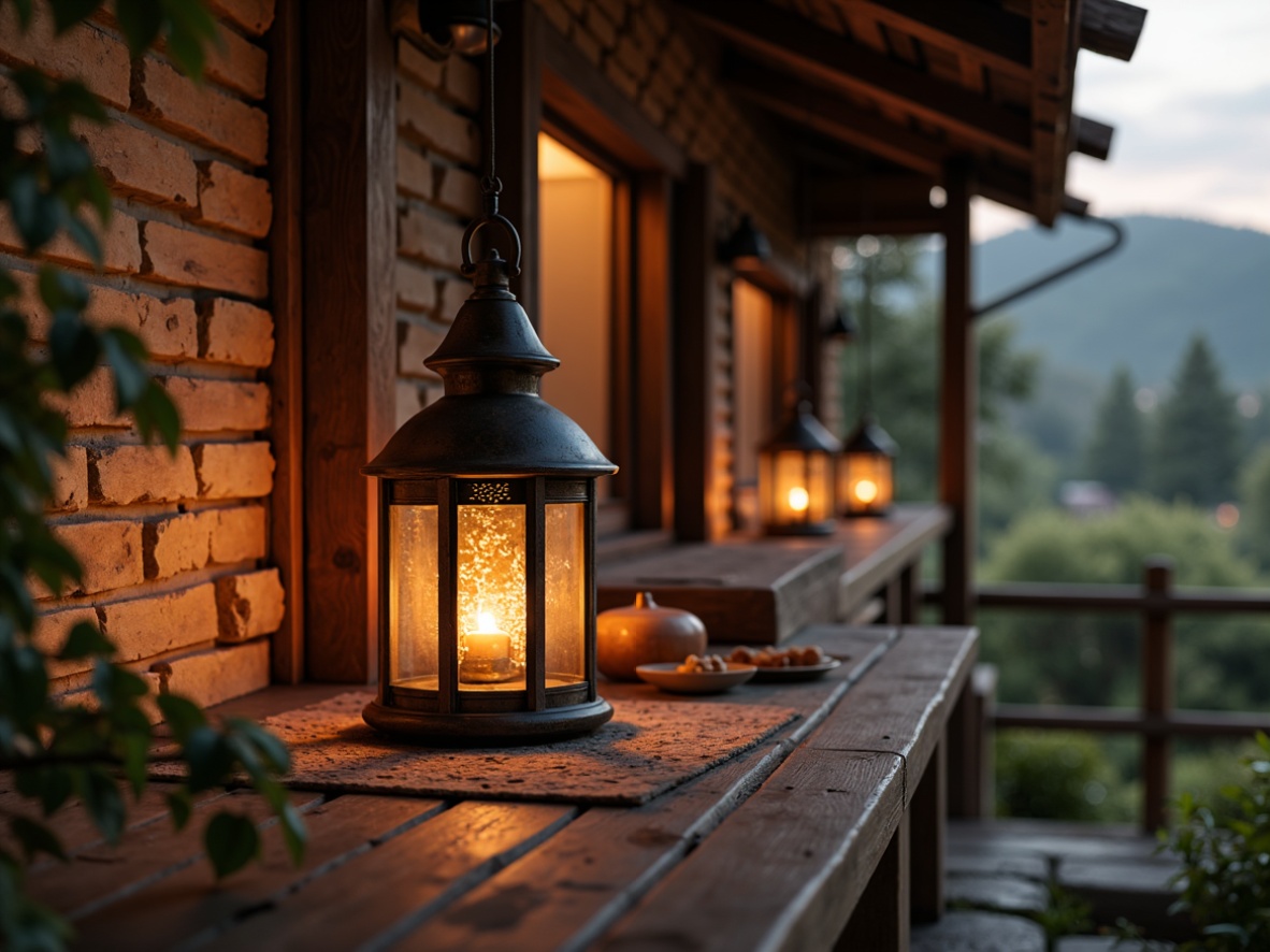 Prompt: Warm traditional lanterns, rustic wooden beams, natural stone walls, earthy color palette, cozy candlelight, soft warm glow, ambient lighting, warm-toned wood accents, vintage metal fixtures, distressed finishes, ornate carvings, traditional craftsmanship, cultural heritage, rural landscape, rolling hills, misty morning, shallow depth of field, 1/2 composition, realistic textures, subtle shadows.