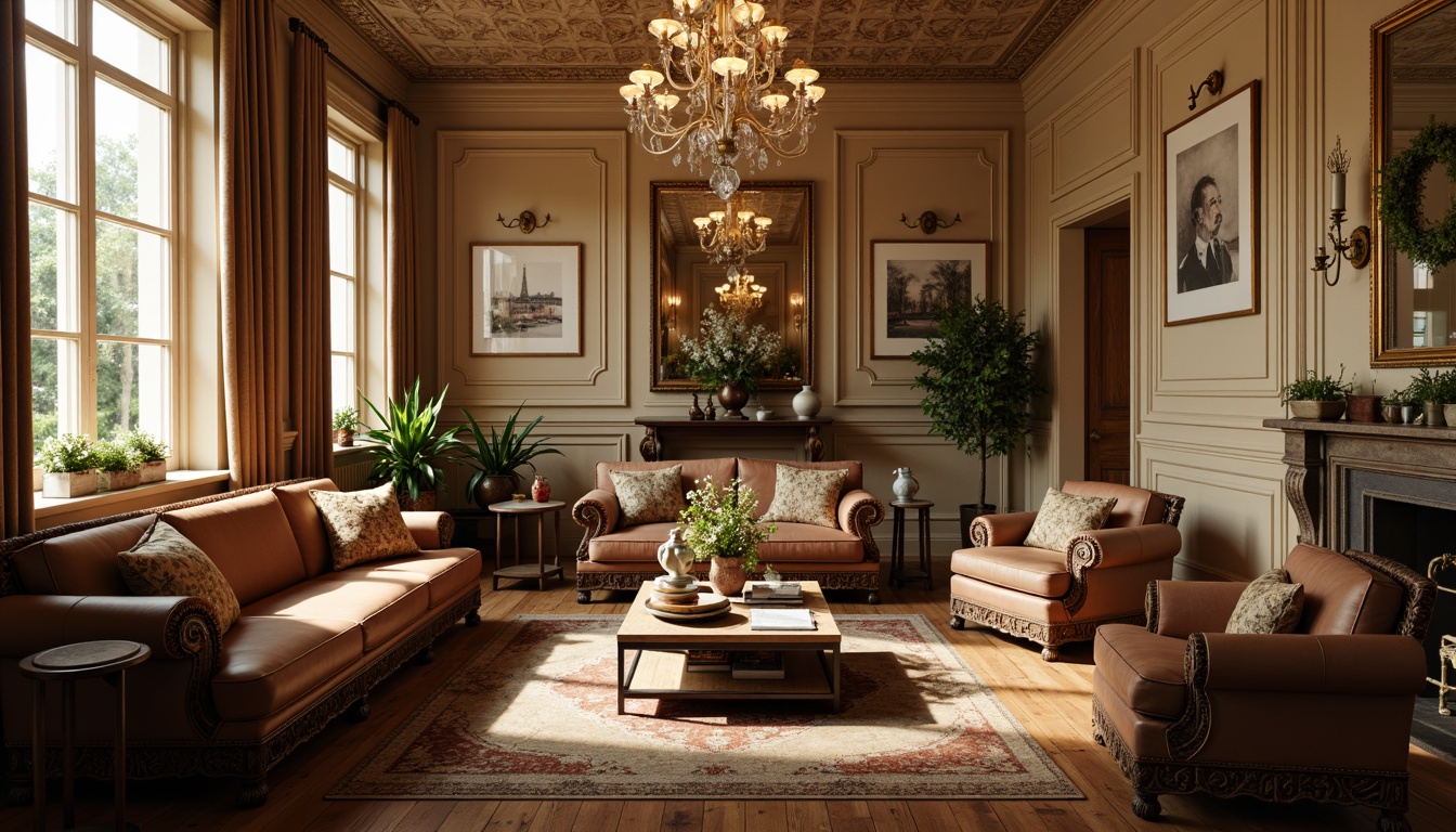 Prompt: Elegant wooden furniture, intricately carved details, rich brown leather upholstery, classic rolled armchairs, ornate metal fixtures, luxurious velvet fabrics, refined lace patterns, antique-inspired accessories, warm golden lighting, soft beige walls, polished hardwood floors, grand crystal chandeliers, ornamental mirrors, sophisticated neutral color palette, subtle texture contrasts, 1/1 composition, realistic reflections, ambient occlusion.