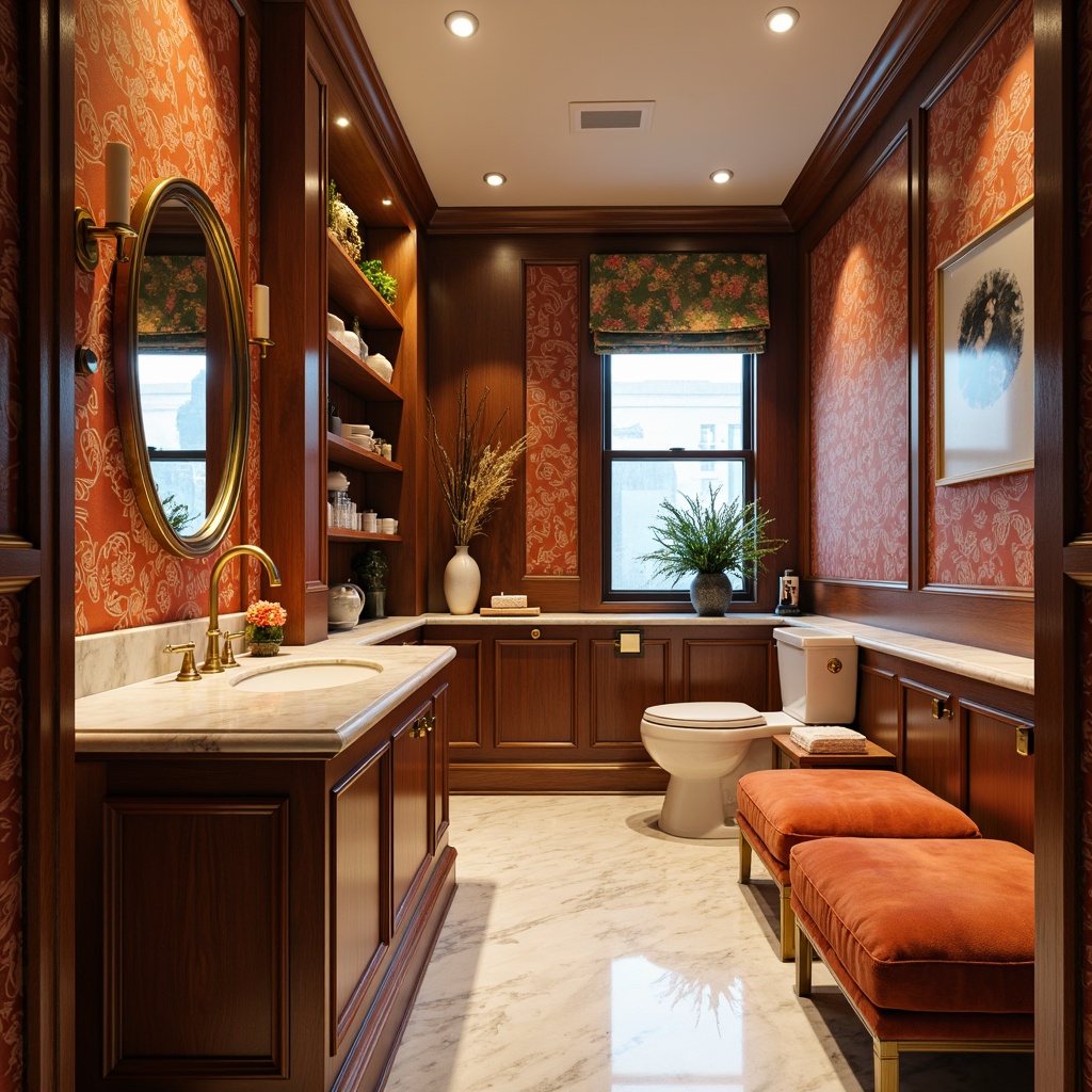 Prompt: Vibrant powder room, luxurious marble countertops, ornate golden faucets, soft warm lighting, shallow depth of field, 3/4 composition, panoramic view, realistic textures, ambient occlusion, rich wood cabinetry, elegant glass shelving, decorative mirrors, plush velvet seating, bold colorful accents, statement wallpaper, subtle sheen finishes, metallic hardware, spa-inspired ambiance, calming essential oils, serene atmosphere.