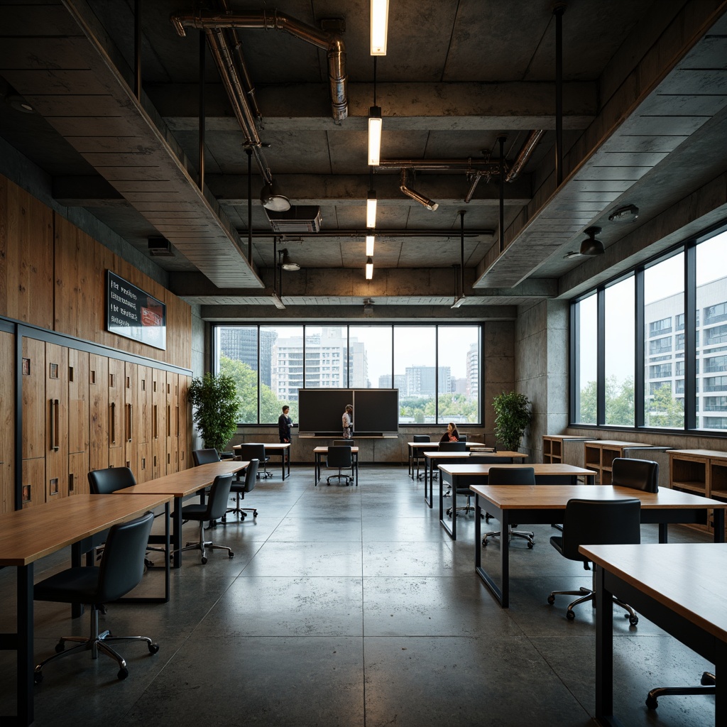 Prompt: Exposed ductwork, polished concrete floors, industrial-style lighting fixtures, minimalist lockers, steel beams, reclaimed wood accents, modern blackboards, ergonomic chairs, open-plan classrooms, natural light pouring in, urban cityscape views, gritty textures, moody color palette, dramatic shadows, 1/1 composition, high-angle shot, cinematic atmosphere.