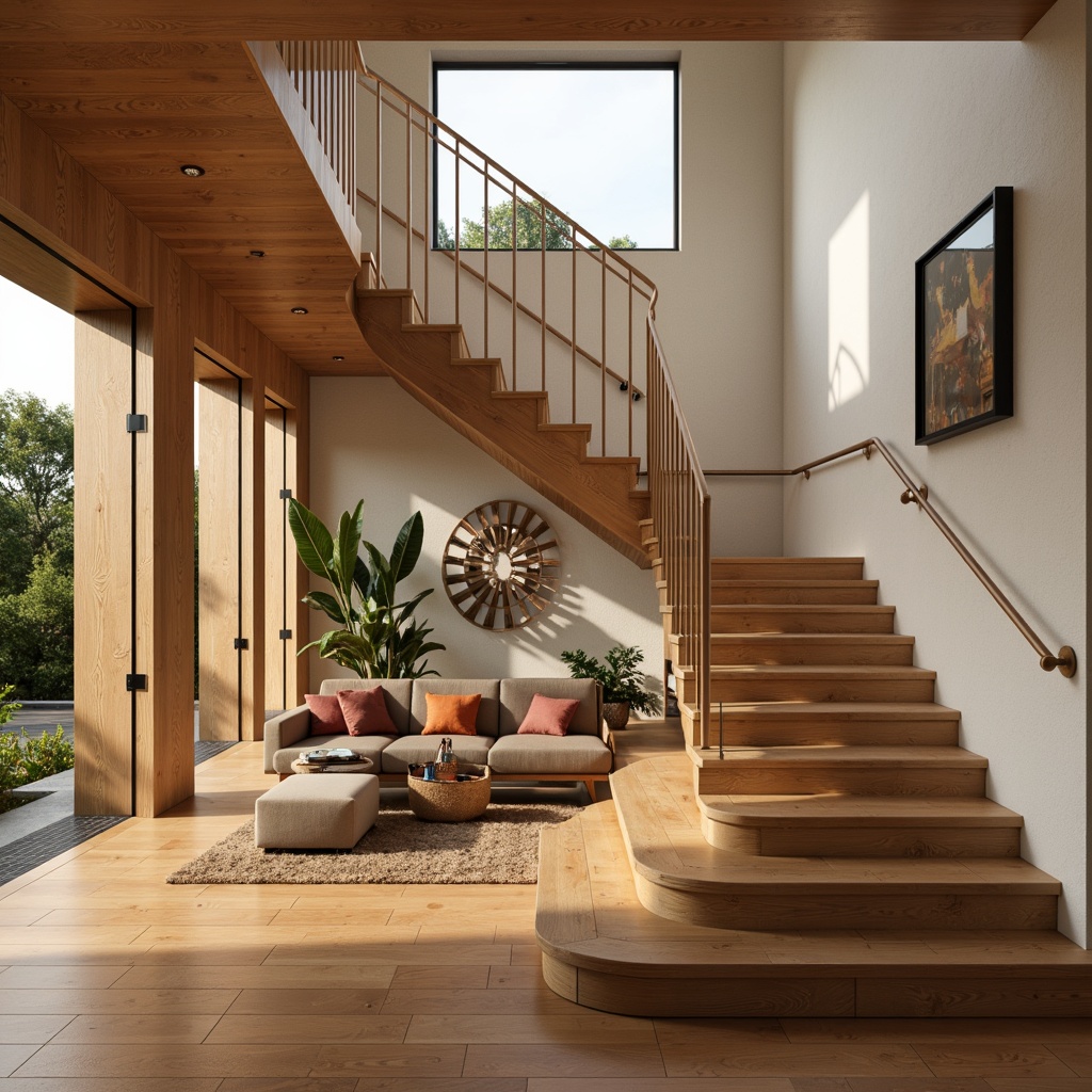 Prompt: Elegant mid-century modern staircase, sleek handrails, minimalist tubular steel design, warm wooden accents, rounded geometric shapes, subtle metal detailing, gentle curves, polished chrome fixtures, sophisticated residential interior, abundant natural light, soft warm glow, shallow depth of field, 1/2 composition, realistic wood textures, ambient occlusion.