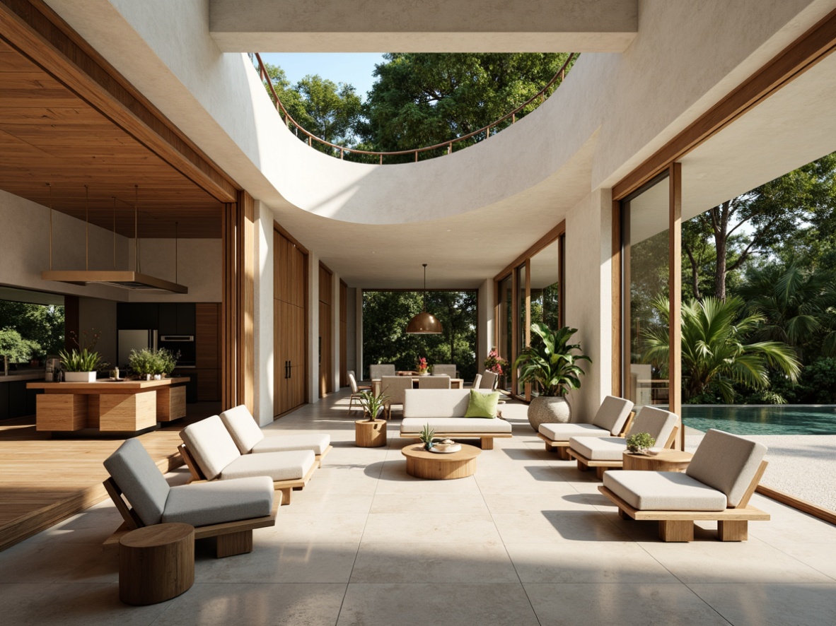 Prompt: Open-plan living room, floor-to-ceiling windows, sliding glass doors, seamless indoor-outdoor transition, natural stone flooring, wooden accents, minimalist decor, organic shapes, free-flowing curves, abundant natural light, warm neutral color palette, lush greenery, tropical plants, outdoor seating areas, cantilevered rooflines, clerestory windows, skylights, 3/4 composition, shallow depth of field, soft warm lighting, realistic textures, ambient occlusion.Let me know if this meets your requirements!