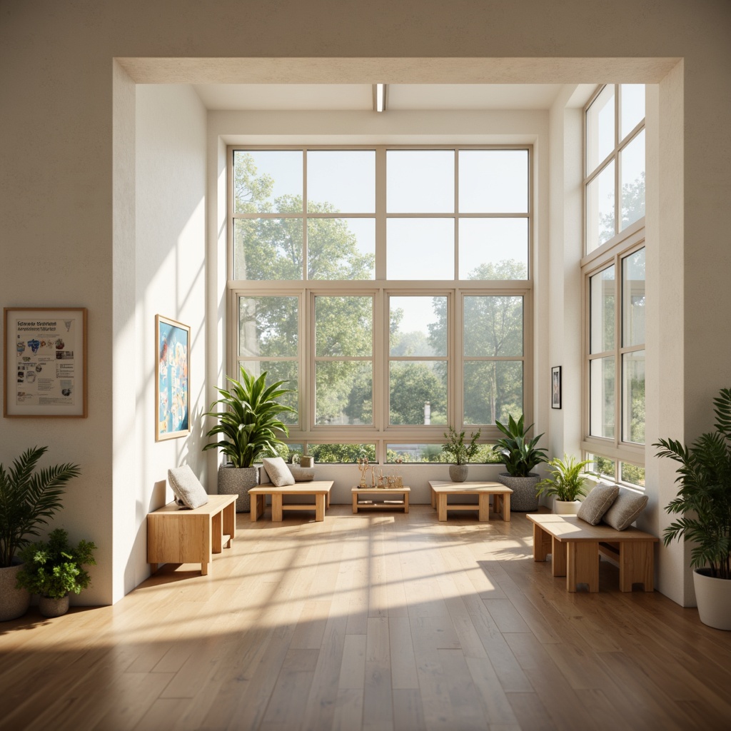 Prompt: Simple school building, minimalist architecture, clean lines, white walls, large windows, natural light pouring in, wooden floors, sparse furniture, educational posters, green plants, calm atmosphere, soft warm lighting, shallow depth of field, 3/4 composition, realistic textures, ambient occlusion, gentle shadows, subtle color palette.