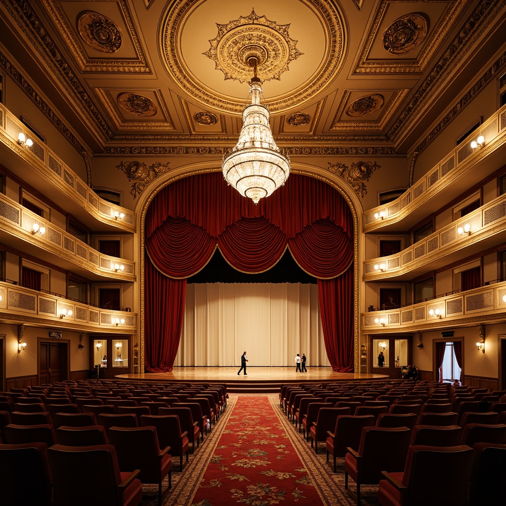 Prompt: Baroque-style opera house, grand chandelier, ornate gold details, velvet curtains, majestic archways, intricate fresco ceilings, ornamental moldings, crystal sconces, richly patterned carpets, luxurious seating areas, dramatic stage lighting, warm golden illumination, shallow depth of field, 1/2 composition, symmetrical framing, realistic textures, ambient occlusion.