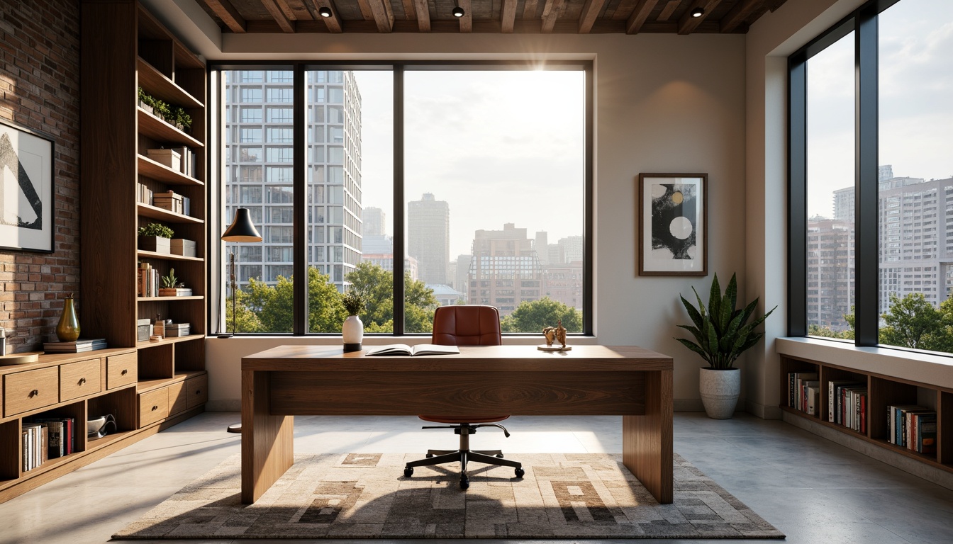 Prompt: Minimalist desk, ergonomic chair, sleek metal legs, reclaimed wood accents, industrial-style lighting fixtures, abstract artwork, geometric-patterned rug, modern bookshelves, built-in storage units, floor-to-ceiling windows, natural daylight, urban cityscape views, soft warm glow, shallow depth of field, 1/1 composition, realistic textures, ambient occlusion.