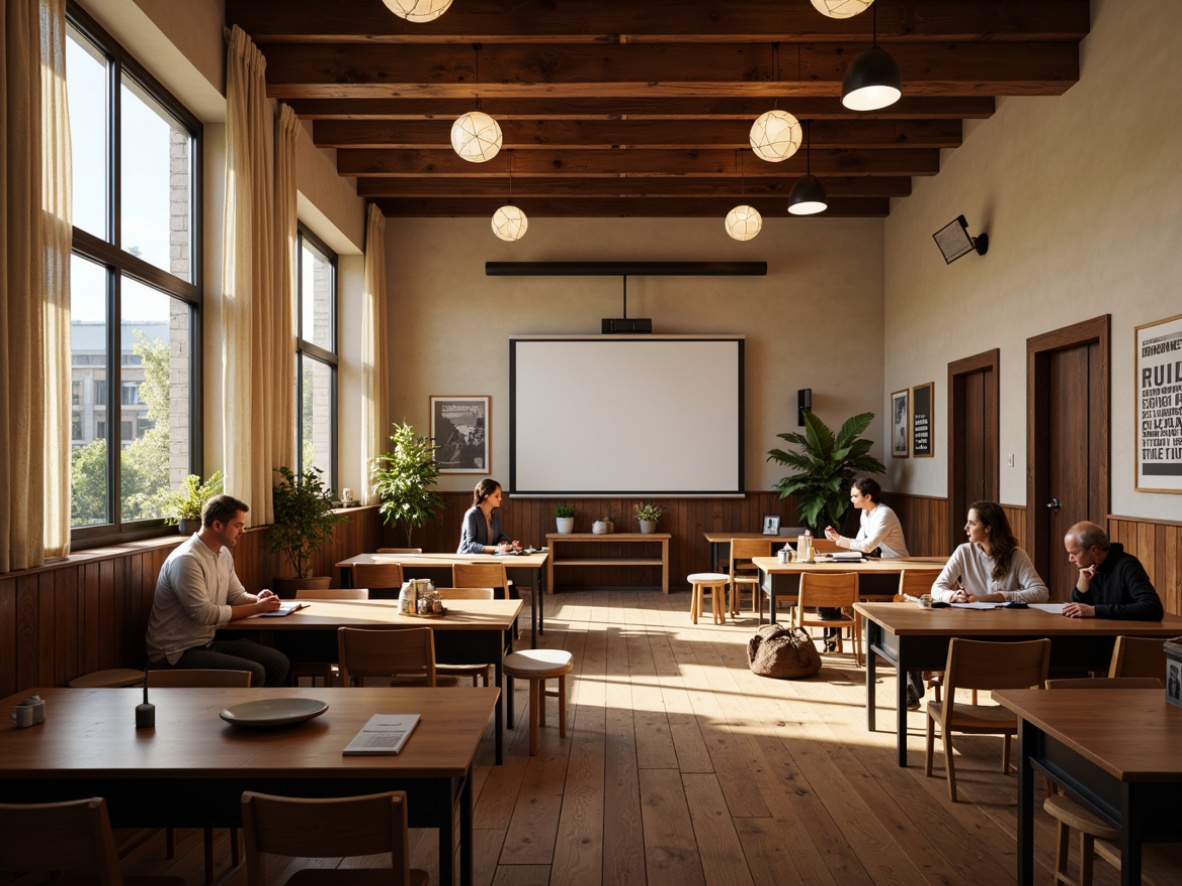 Prompt: Cozy classroom, warm wooden desks, softbox lights, overhead LED panels, floor lamps, natural daylight, large windows, minimal shadows, glare-free screens, comfortable seating, collaborative workspaces, inspirational quotes, educational posters, calm color schemes, soothing ambient lighting, subtle texture variations, shallow depth of field, 1/1 composition, realistic reflections.