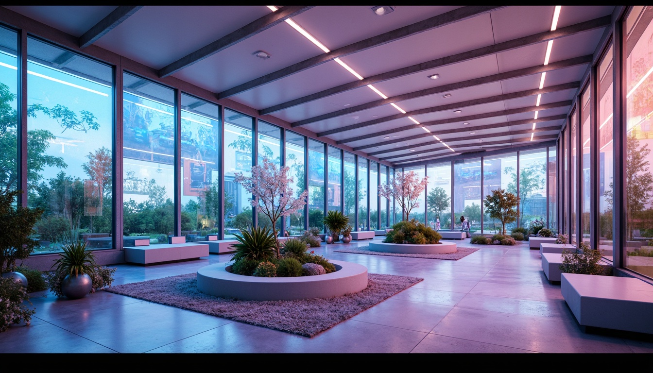 Prompt: Futuristic sunroom, transparent glass walls, minimalist metal frames, sleek low-profile roofs, vibrant neon lights, iridescent acrylic panels, holographic displays, metallic silver flooring, velvety soft carpets, smooth matte concrete benches, polished chrome accents, ambient LED lighting, shallow depth of field, 1/1 composition, cinematic view, realistic reflections, subtle normal mapping.