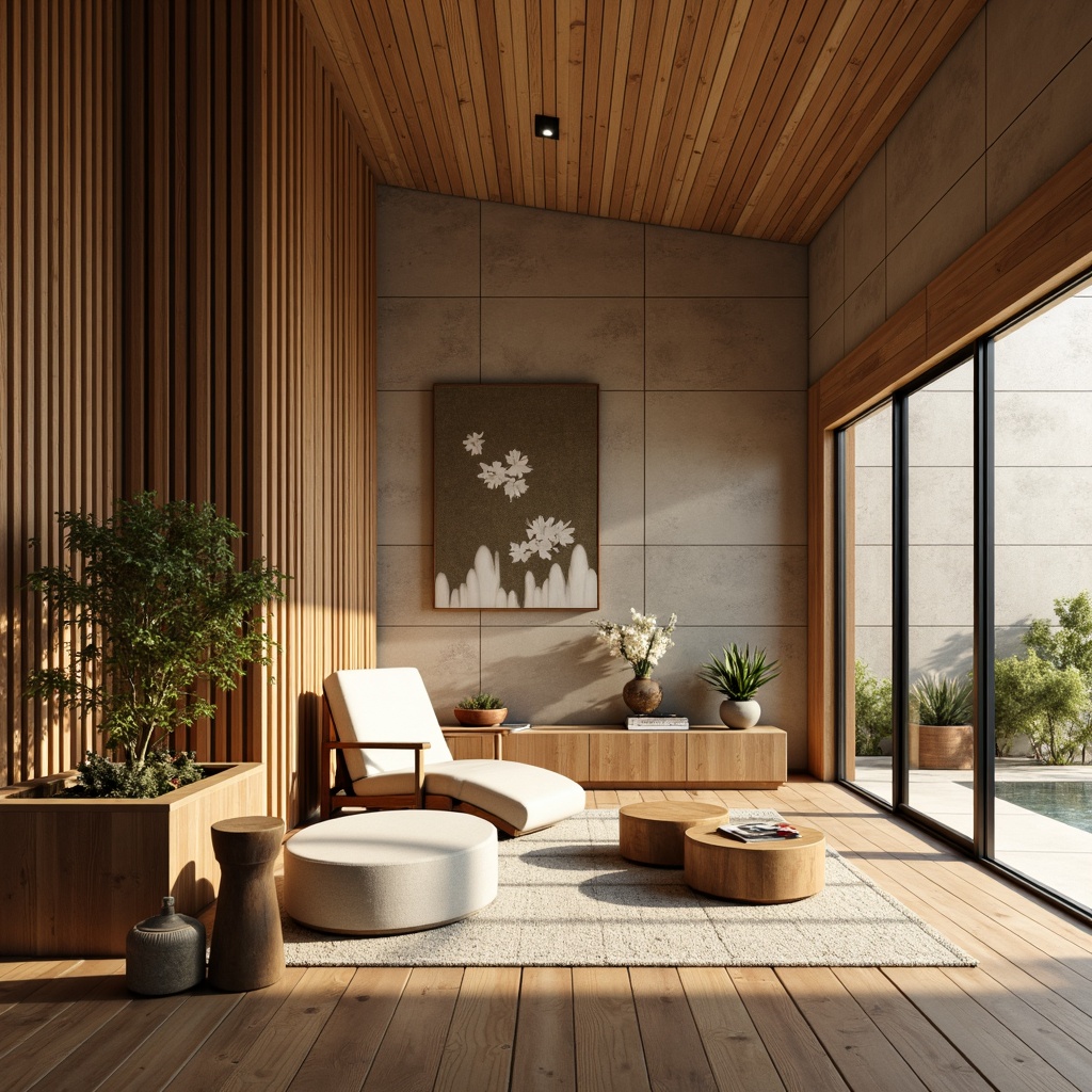 Prompt: Organic textured walls, earthy tones, natural materials, mid-century modern architecture, open-plan living spaces, floor-to-ceiling windows, sliding glass doors, wooden accents, geometric patterns, minimalist decor, organic shapes, warm ambient lighting, shallow depth of field, 1/1 composition, realistic textures, soft focus, atmospheric perspective.