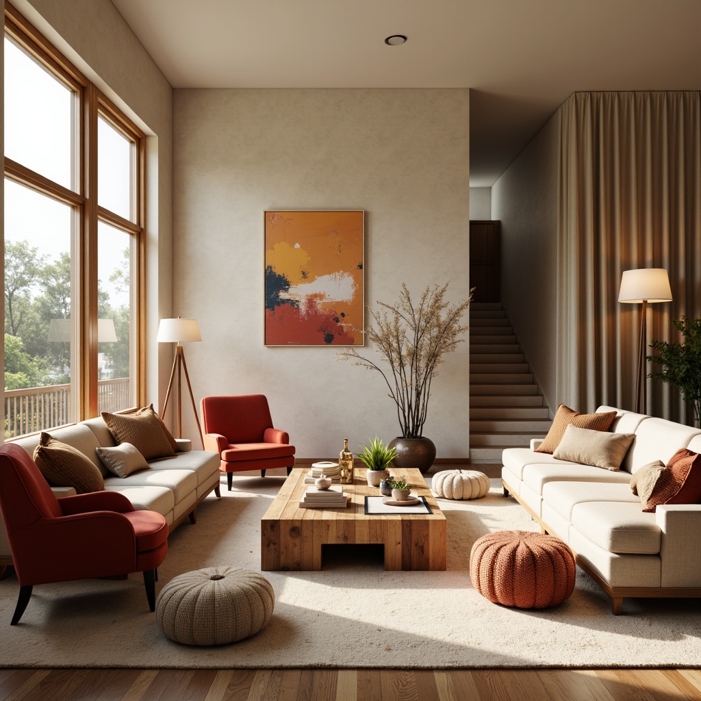 Prompt: Cozy living room, plush sofas, velvet armchairs, reclaimed wood coffee tables, minimalist decor, warm beige walls, soft cream carpets, large windows, natural light, elegant floor lamps, comfortable ottomans, vibrant throw pillows, modern abstract artwork, sophisticated color palette, relaxing ambiance, calming atmosphere, serene background music, warm candlelight, inviting textures, 1/1 composition, shallow depth of field, realistic rendering.