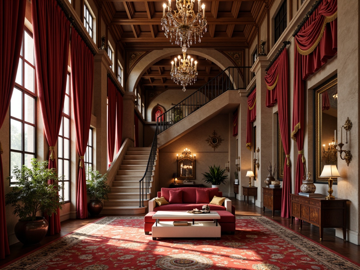 Prompt: Rich velvet fabrics, intricate golden embroidery, lavish silk drapes, ornate wooden furnishings, gilded mirrors, opulent crystal chandeliers, grandiose staircases, majestic stone columns, dramatic arched windows, vibrant jewel-toned colors, soft warm lighting, cinematic composition, detailed textures, ambient occlusion.