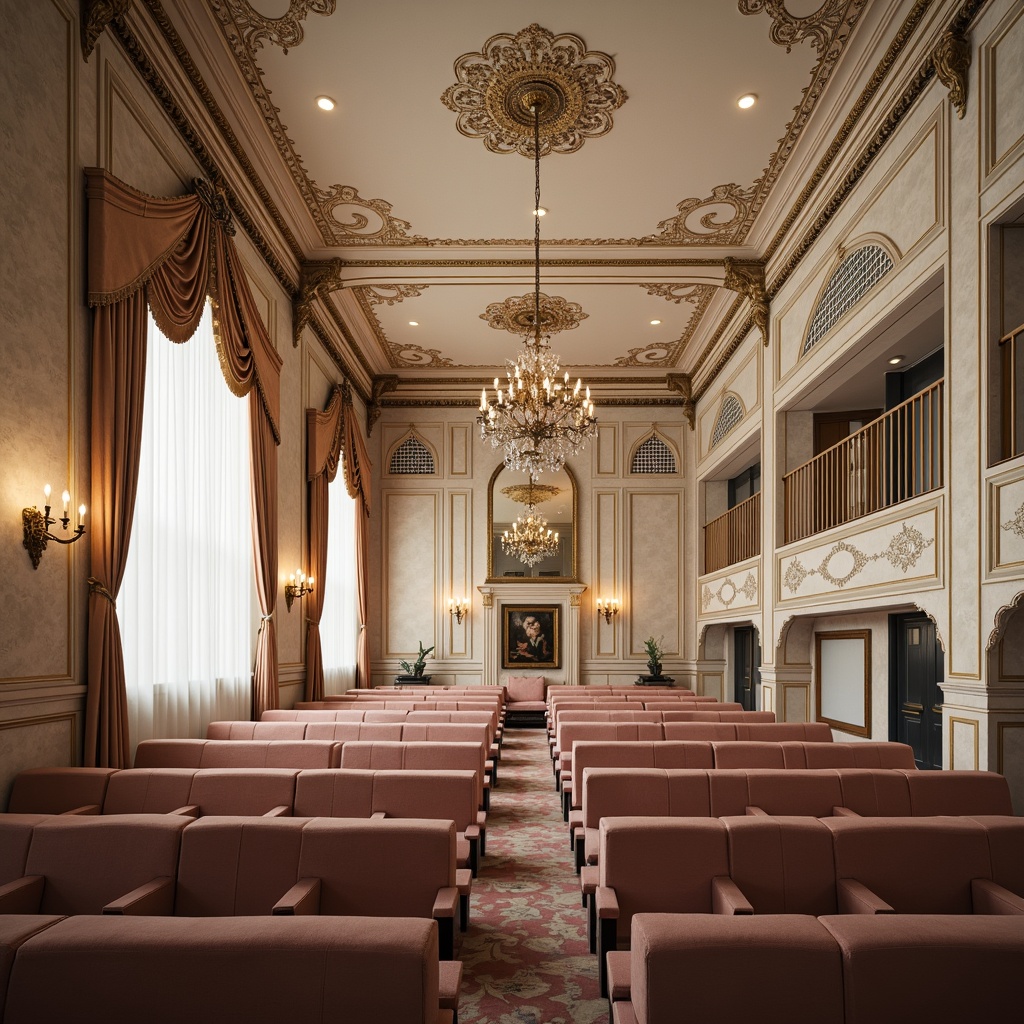 Prompt: Vintage-inspired auditorium, distressed wood accents, soft pastel hues, creamy whites, pale pinks, baby blues, mauve undertones, lace-like details, ornate metalwork, crystal chandeliers, velvet drapes, tufted upholstery, rich textiles, warm golden lighting, subtle gradient effects, 1/1 composition, intimate atmosphere, realistic fabric textures, ambient occlusion.