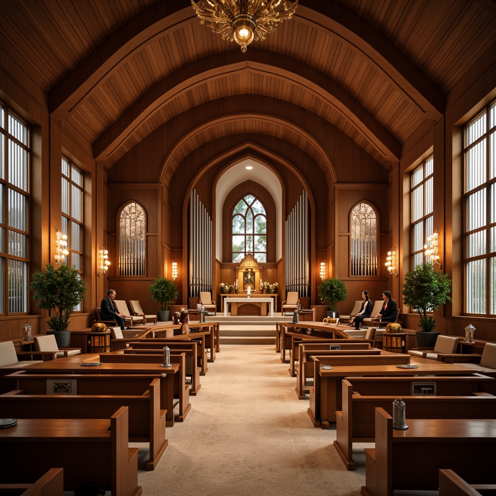 Prompt: Elegant church interior, rich wood tones, comfortable pews, ornate altarpieces, stained glass windows, subtle warm lighting, soft carpeting, acoustic paneling, minimalist decor, functional furniture, modular seating arrangements, versatile lecture tables, ergonomic chairs, rustic wooden benches, devotional candles, serene ambiance, shallow depth of field, 1/1 composition, realistic textures, ambient occlusion.