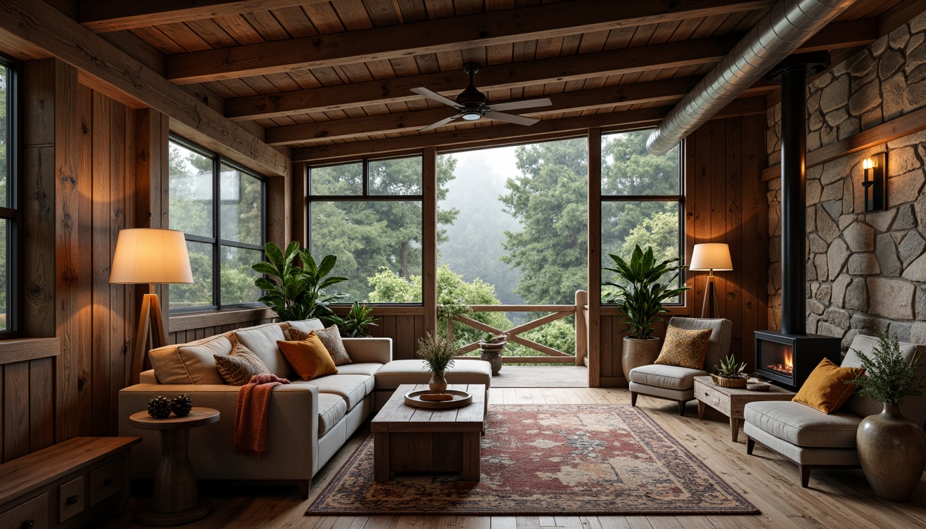 Prompt: Rustic cabin, reclaimed wood accents, natural stone walls, earthy color palette, vintage metal decor, distressed finishes, warm cozy atmosphere, soft candlelight, rugged wooden beams, exposed ductwork, industrial-chic lighting, minimalist furnishings, plush throw blankets, forest surroundings, misty morning, shallow depth of field, 1/1 composition, realistic textures.