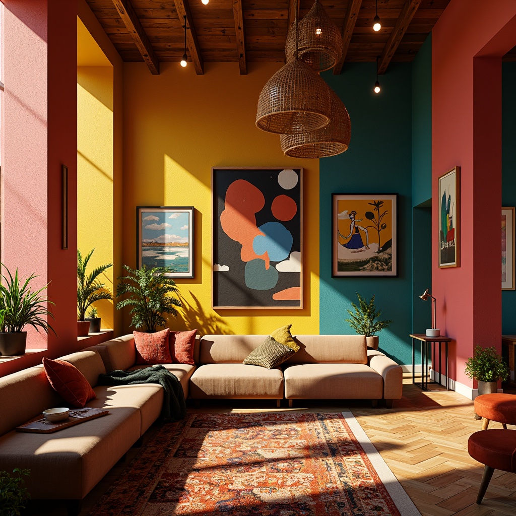 Prompt: Vibrant expressionist interior, bold colorful walls, eclectic furniture, abstract artwork, sculptural lighting fixtures, undulating wooden floors, curved lines, organic shapes, textured fabrics, oversized decorative elements, dramatic shadows, warm golden lighting, cinematic atmosphere, 1/1 composition, close-up shot, high contrast ratio, artistic brushstroke textures, emotive color palette.