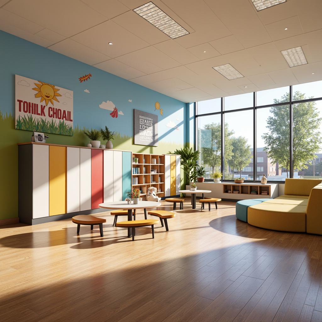 Prompt: Vibrant elementary school interior, colorful lockers, playful wall murals, educational display boards, comfortable seating areas, wooden floors, natural light pouring in, circular tables, collaborative learning spaces, inspirational quotes, creative art corners, 3D geometric shapes, soft pastel colors, warm ambient lighting, shallow depth of field, 1/1 composition, realistic textures, ambient occlusion.