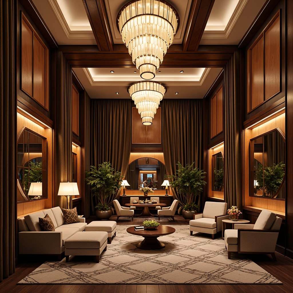 Prompt: Luxurious Art Deco interior, lavish furnishings, opulent chandeliers, metallic accents, ornate mirrors, velvet drapes, rich wood paneling, geometric patterns, bold color schemes, statement lighting fixtures, functional spaces, open-plan living areas, conversational seating arrangements, minimalist decorative elements, refined textures, subtle sheen finishes, symmetrical compositions, 1/1 aspect ratio, warm softbox lighting, detailed ornaments, metallic inlays.