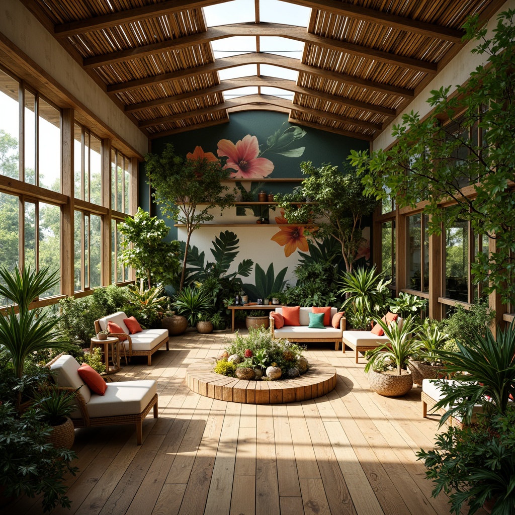 Prompt: Tropical school interior, lush greenery, vibrant flowers, natural materials, wicker furniture, rattan decor, bamboo accents, earthy tones, warm lighting, wooden flooring, large windows, sliding glass doors, abundant natural light, air-purifying plants, spider plants, snake plants, peace lilies, dracaena, Areca palms, tropical-inspired artwork, colorful textiles, woven baskets, organic shapes, natural ventilation, cross breeze, 1/2 composition, soft focus, warm color palette.