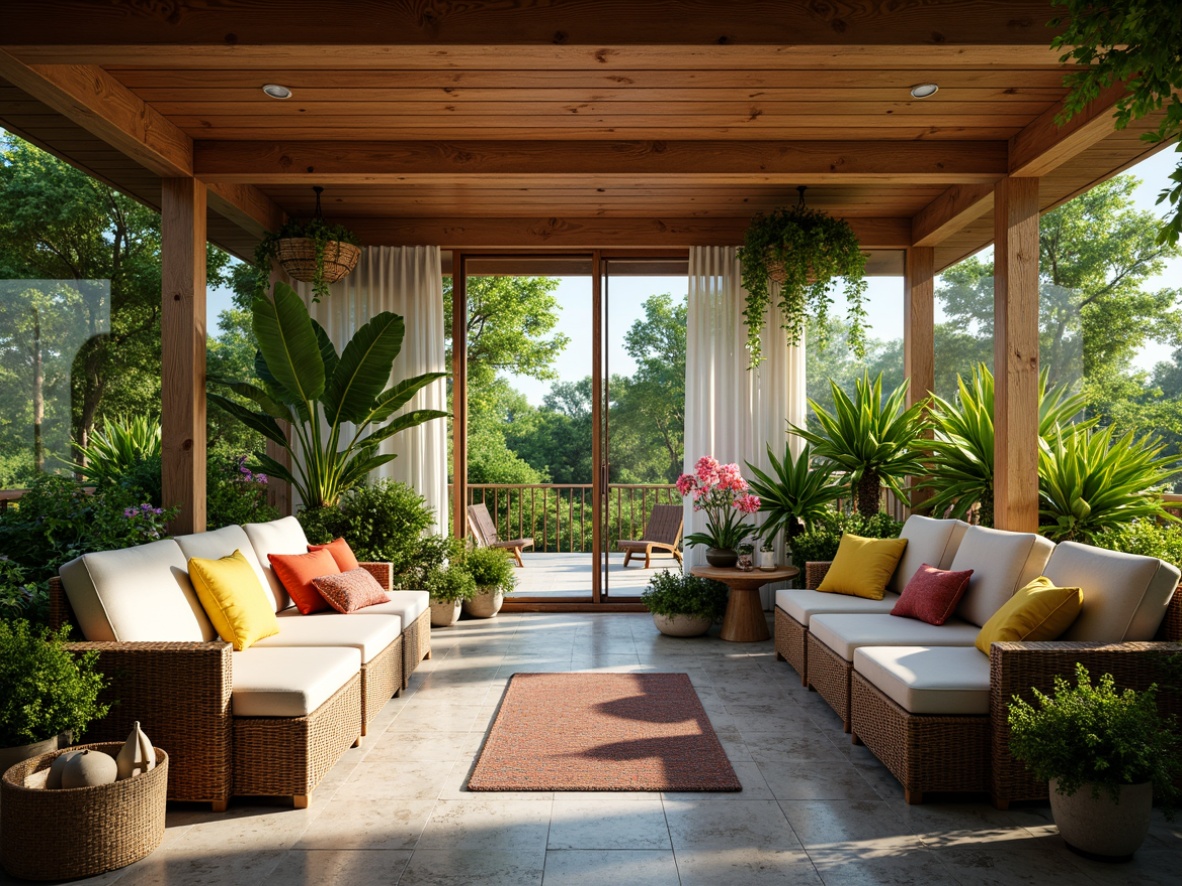 Prompt: Vibrant sunroom, lush greenery, natural stone flooring, wooden accents, floor-to-ceiling windows, sliding glass doors, comfortable wicker furniture, colorful throw pillows, hanging planters, tropical plants, flowering blooms, trailing vines, soft warm lighting, shallow depth of field, 1/1 composition, realistic textures, ambient occlusion.