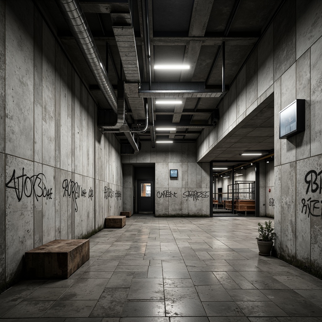 Prompt: Raw concrete walls, brutalist architecture, industrial chic interior design, metro station ambiance, urban decay textures, exposed ductwork, steel beams, industrial lighting fixtures, minimalist benches, urban graffiti, distressed metal accents, rough stone flooring, cold atmospheric mood, high-contrast lighting, dramatic shadows, 1-point perspective composition, realistic ambient occlusion.