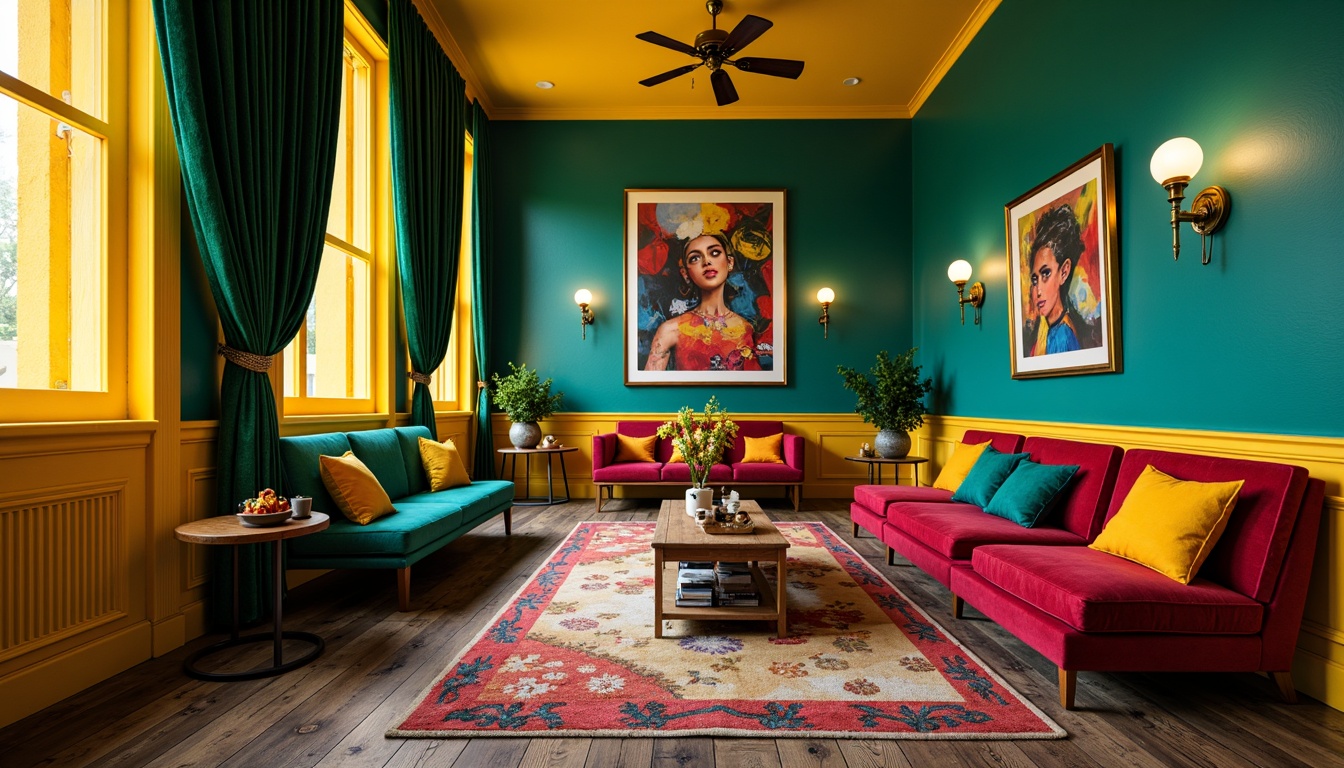 Prompt: Vibrant interior space, rich turquoise walls, bold yellow accents, deep crimson furniture, emerald green velvet drapes, warm golden lighting, ornate metal fixtures, distressed wooden floors, eclectic decorative patterns, avant-garde artwork, abstract sculptures, geometric shapes, expressive brushstrokes, emotive color clashes, dynamic energy, intense mood, 3/4 composition, shallow depth of field, realistic textures, ambient occlusion.