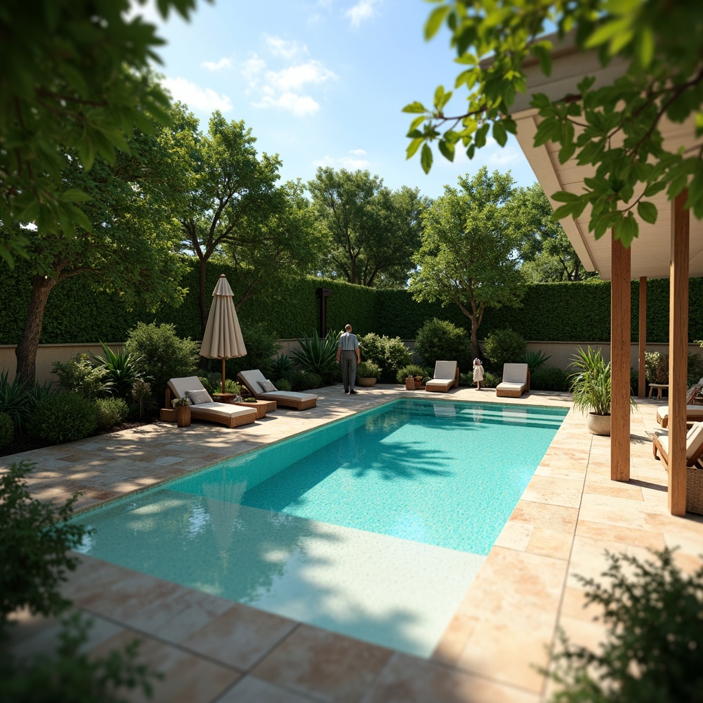 Prompt: Vibrant turquoise pool water, sleek modern pool design, surrounding lush greenery, natural stone decking, warm beige coping stones, rustic wooden accents, sunny day, soft warm lighting, shallow depth of field, 3/4 composition, panoramic view, realistic textures, ambient occlusion.