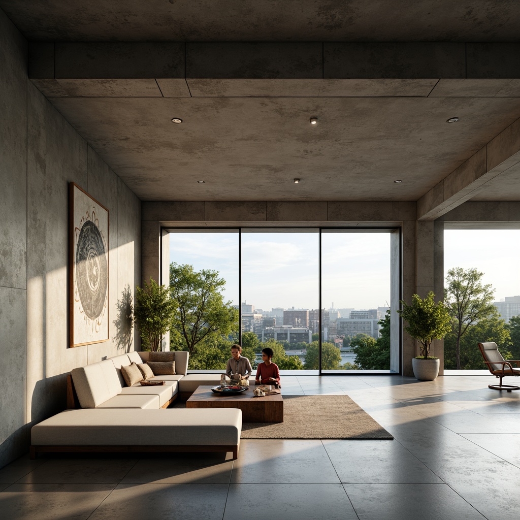 Prompt: Minimalist brutalist family room, exposed concrete walls, polished concrete floors, industrial metal beams, functional minimalist furniture, abundant natural light, floor-to-ceiling windows, sliding glass doors, panoramic views, lush greenery, urban cityscape, modern abstract artwork, monochromatic color scheme, warm ambient lighting, shallow depth of field, 1/1 composition, realistic textures, subtle shading.