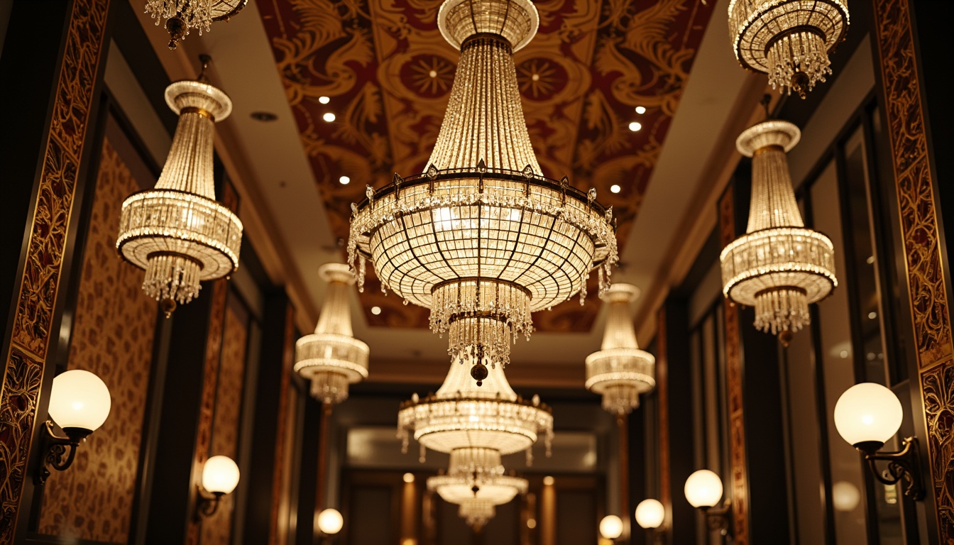 Prompt: Opulent chandeliers, ornate metalwork, crystal droplets, luxurious fabrics, beaded fringe, metallic leaf patterns, geometric shapes, circular motifs, polished chrome accents, sleek black lines, lavish pendants, sophisticated sconces, extravagant ceiling fixtures, majestic floor lamps, rich jewel tones, warm golden lighting, soft diffused glow, 1/1 composition, shallow depth of field, high-contrast rendering.