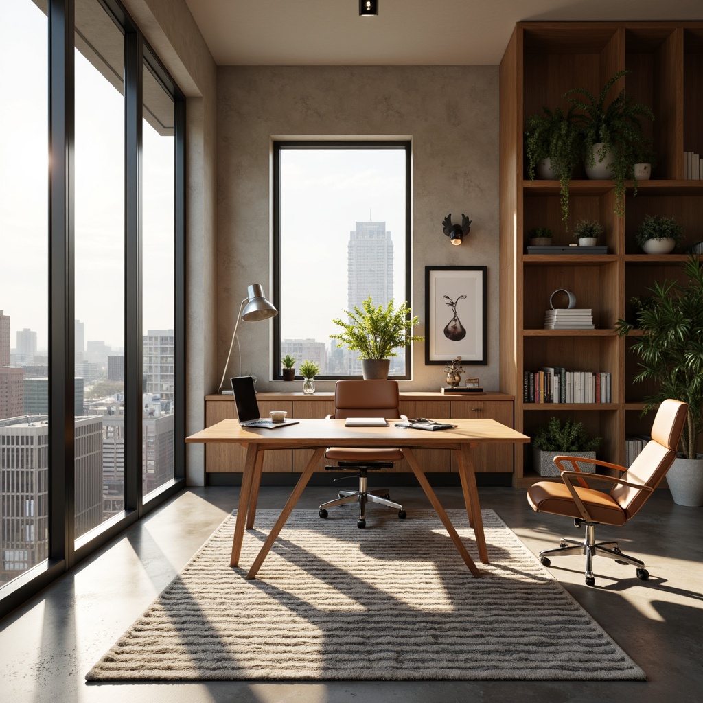 Prompt: Minimalist home office, sleek wooden desk, ergonomic chair, modern task lamp, geometric patterned rug, floor-to-ceiling windows, natural light, cityscape view, metallic bookshelf, leather-bound books, framed abstract art, greenery, potted plants, warm beige walls, industrial-chic decor, polished concrete floors, built-in shelving units, hidden storage compartments, softbox lighting, shallow depth of field, 3/4 composition, panoramic view, realistic textures, ambient occlusion.