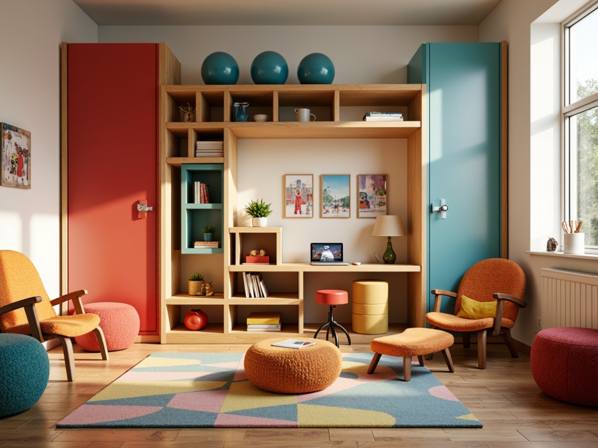 Prompt: Vibrant kids' room, playful furniture, Bauhaus-inspired design, bold primary colors, geometric shapes, minimalist decor, functional storage units, wooden flooring, natural textiles, ergonomic chairs, colorful ottomans, modular shelving systems, adjustable desk lamps, whimsical wall art, fun patterned rugs, cozy reading nooks, soft warm lighting, shallow depth of field, 1/1 composition, realistic textures, ambient occlusion.