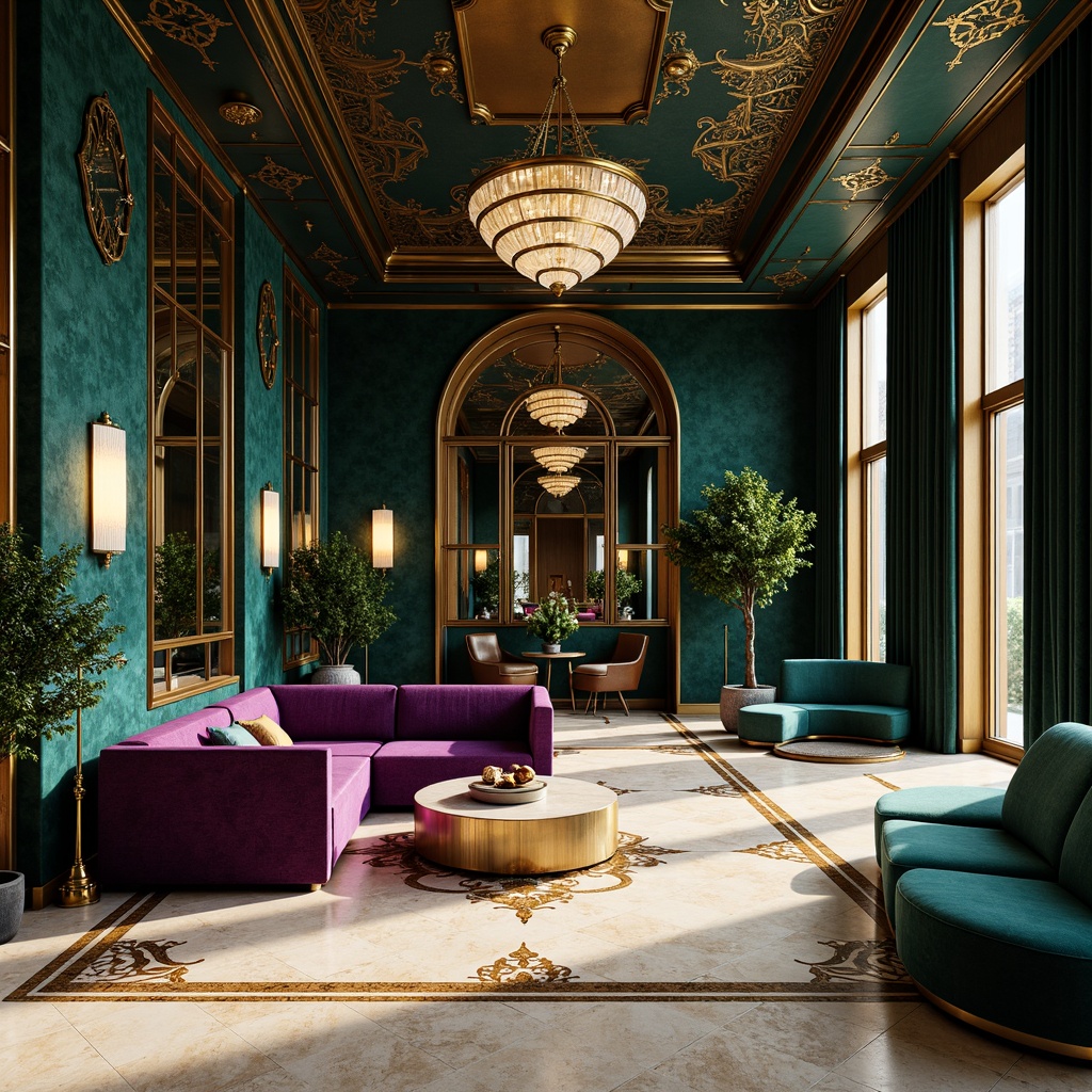 Prompt: Luxurious Art Deco interior, opulent velvet fabrics, metallic accents, ornate mirrors, geometrical patterns, bold black outlines, lavish gold leafing, rich jewel-toned colors, emerald green walls, sapphire blue ceilings, amethyst purple furniture, champagne beige marble floors, crystal chandeliers, dramatic high contrast lighting, cinematic shadows, sophisticated 1920s flair, glamorous metallic sheen, intricate inlays, ornate moldings, lavish drapery, and sumptuous textures.