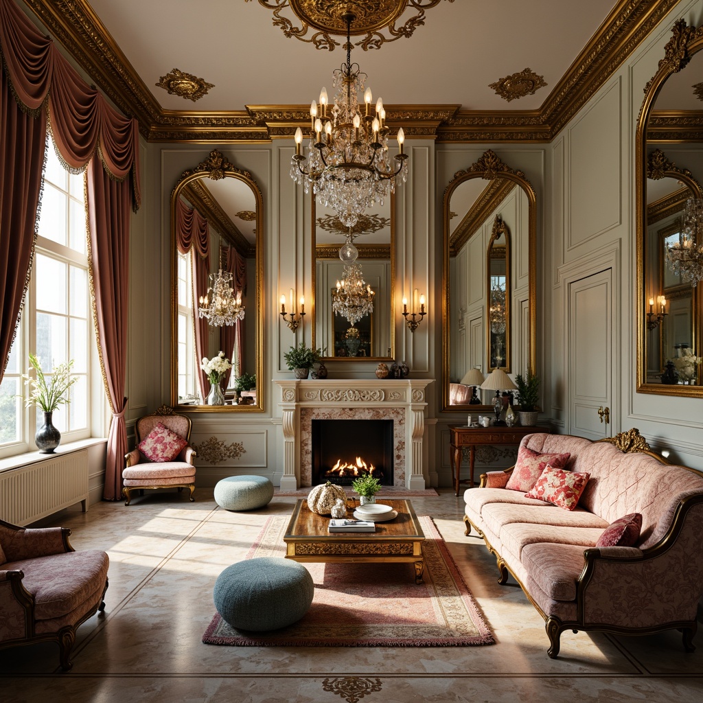 Prompt: Ornate Rococo-style apartment, lavish furnishings, rich velvet fabrics, antique gilded frames, ornamental mirrors, crystal chandeliers, intricate carvings, soft pastel colors, delicate floral patterns, luxurious marble floors, curved lines, whimsical shell motifs, opulent drapes, tassel trimmings, grandiose furniture pieces, Baroque-inspired architecture, dramatic lighting effects, warm golden tones, shallow depth of field, 1/2 composition, realistic textures, ambient occlusion.