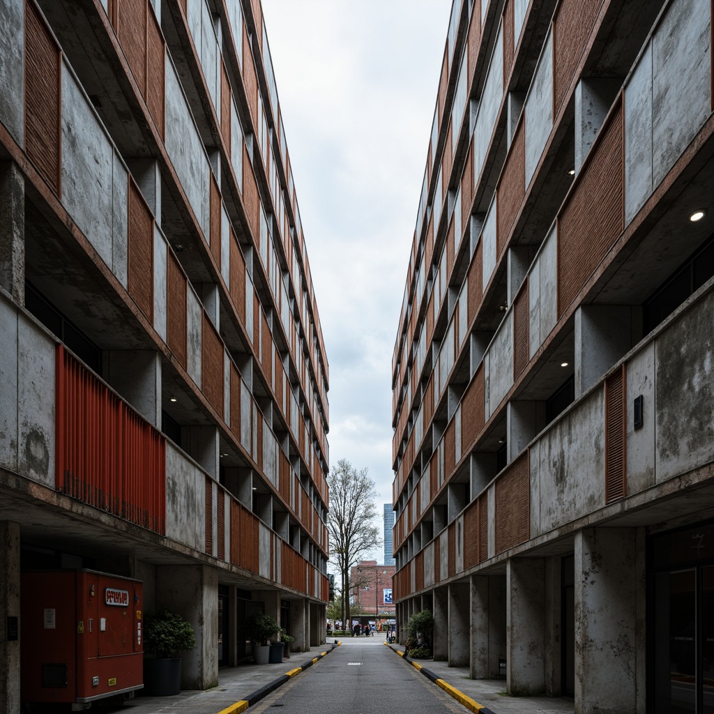 Prompt: Rugged brutalist architecture, monolithic concrete structures, distressed textures, industrial metal accents, raw earthy tones, muted grayish brown hues, bold black outlines, vibrant red accents, urban cityscape backdrop, overcast cloudy sky, dramatic high-contrast lighting, sharp geometric shadows, 1/1 composition, realistic materials, ambient occlusion.