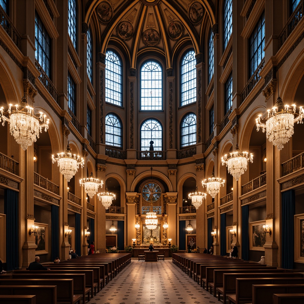 Prompt: Grand cathedral, ornate chandeliers, crystal droplets, polished bronze sconces, geometric lanterns, stained glass windows, intricate mosaics, luxurious velvet drapes, golden accents, symmetrical architecture, opulent furnishings, dramatic high ceilings, warm soft lighting, subtle shadows, 1/2 composition, atmospheric glow, realistic reflections, ornate details.