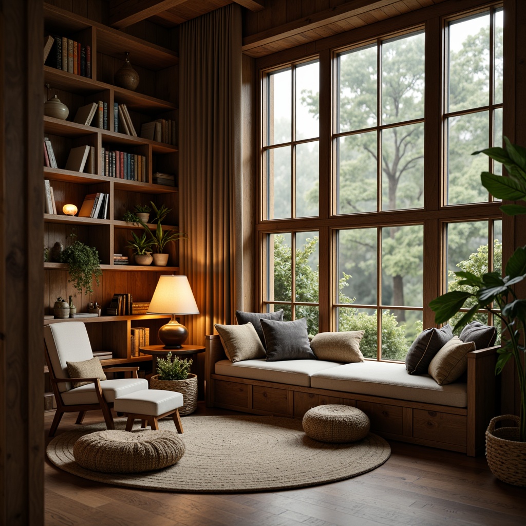 Prompt: Cozy reading nook, warm ambient lighting, plush cushions, wooden bookshelves, floor-to-ceiling windows, natural textiles, earthy color palette, comfortable armchair, side table with lamp, potted plants, soft area rug, minimal ornamentation, calming atmosphere, shallow depth of field, 1/1 composition, realistic textures, subtle shadows.