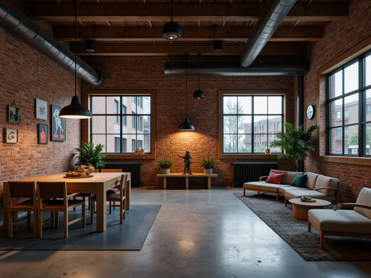 Prompt: Industrial loft space, minimal decor, exposed brick walls, polished concrete floors, metal beams, reclaimed wood accents, functional lighting fixtures, matte black lamp shades, warm soft glow, indirect lighting, ambient shadows, 1/1 composition, cinematic mood, realistic textures, subtle color palette, urban industrial atmosphere, converted warehouse feel, modern simplicity, functional elegance.