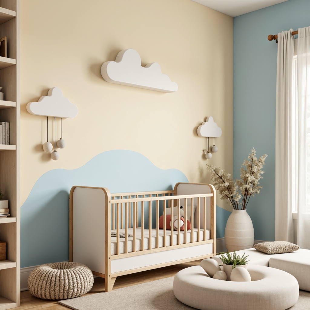 Prompt: Soft pastel hues, gentle cream accents, calming blue undertones, warm beige walls, modern minimalist crib, sleek wooden furniture, rounded edges, soft velvety textures, whimsical cloud-shaped decorations, delicate mobiles, subtle geometric patterns, natural linen fabrics, warm golden lighting, shallow depth of field, 1/1 composition, intimate close-up shots, realistic renderings, ambient occlusion.