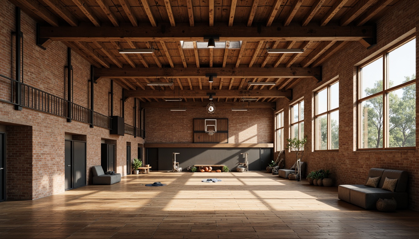 Prompt: Rustic gymnasium interior, wooden beam ceiling, exposed brick walls, industrial metal columns, distressed wood flooring, vintage sports equipment, dimmable track lighting, warm LED strip lights, metal cage pendant lamps, reclaimed wood accents, earthy color palette, soft natural light, high contrast shadows, 1/2 composition, dramatic spotlighting, realistic textures, ambient occlusion.