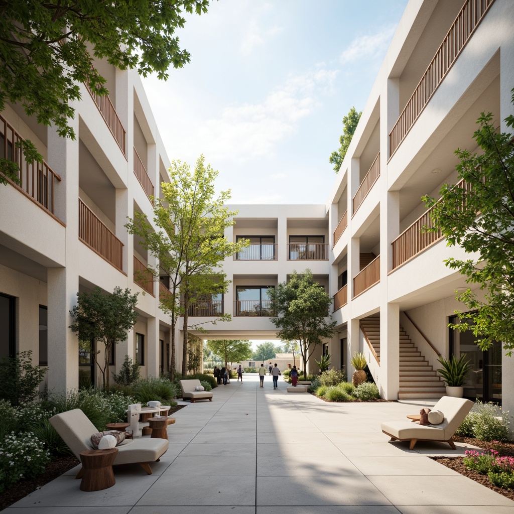 Prompt: Sleek minimalist high school building, open atrium, natural light pouring in, polished concrete floors, white walls, simple furniture, abundant greenery, potted plants, wooden accents, modern staircases, spacious corridors, floor-to-ceiling windows, sliding glass doors, outdoor courtyards, serene ambiance, soft warm lighting, shallow depth of field, 3/4 composition, panoramic view, realistic textures, ambient occlusion.