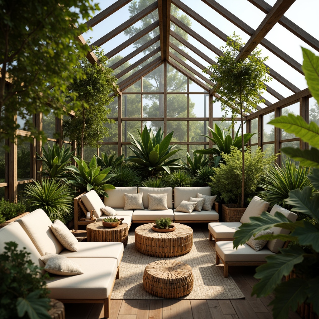 Prompt: Cozy greenhouse interior, lush greenery, natural light, comfortable seating area, plush cushions, soft woven fabrics, calming color palette, subtle texture patterns, organic materials, bamboo furniture, reclaimed wood accents, earthy tone walls, warm ambient lighting, gentle misting system, serene atmosphere, 1/1 composition, shallow depth of field, realistic textures.