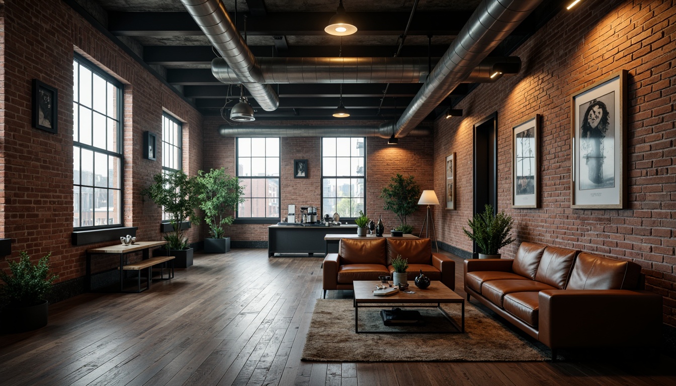 Prompt: Exposed brick walls, metal beams, reclaimed wood floors, industrial-style lighting fixtures, vintage factory windows, urban loft atmosphere, modern minimalist decor, sleek metal accents, distressed leather furniture, exposed ductwork, concrete ceilings, edgy architectural details, moody color palette, dramatic shadows, low-key ambient lighting, cinematic composition, gritty textures, atmospheric misting.