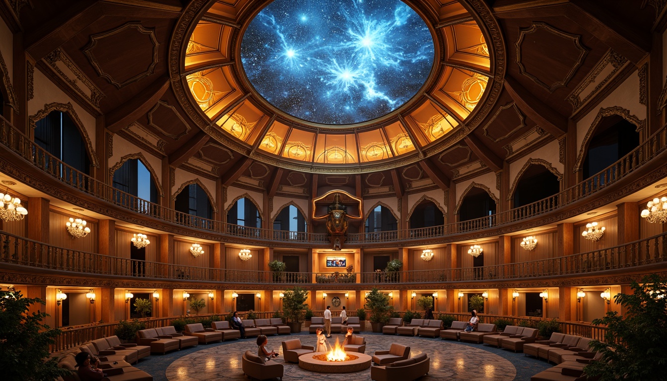 Prompt: Grandiose planetarium, Victorian-era inspired ceiling, intricate moldings, ornate chandeliers, starry night sky projections, dome-shaped architecture, celestial body displays, astronomical instruments, rich wood tones, luxurious fabrics, velvet drapes, crystal embellishments, regal color palette, warm golden lighting, soft focus, atmospheric misting, 1/2 composition, symmetrical layout, detailed textures, cinematic ambiance.